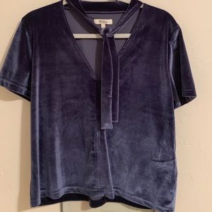 Madewell navy velvet top with neck tie